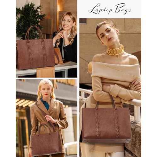 LOVEVOOK Laptop Tote Bag for Women, Vintage Leather Work Bag With Cup Holder, Waterproof Computer Purse, Professional Briefcase Office Shoulder Handbag, 15.6 Inch, Brown
