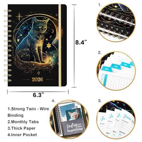 2026 Planner - 2026 Planner Weekly and Monthly, Planner 2026 with Tabs, Jan. 2026 - Dec. 2026, 2026 Calendar Monthly Planner, 8.4" x 6.3", Back Pocket + Thick Paper + Twin-Wire Binding - Cat Planner