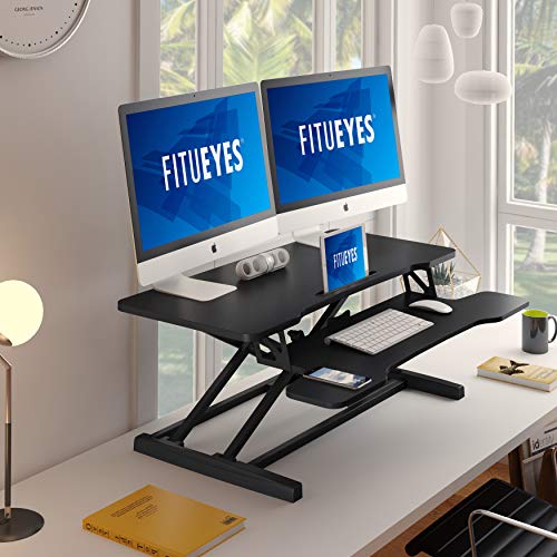 FITUEYES Height Adjustable Standing Desk 36¡± Wide Sit to Stand Converter Stand Up Desk Tabletop Workstation for Laptops Dual Monitor Riser Black SD309101WB