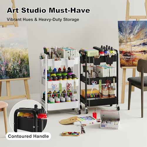 3 Tier Rolling Cart Metal with Wheels, Black Three Tiered Utility Craft Cart Organizer on Wheels, Roller Storage Carts for Baby, Diaper Caddy, Art, Snack, Nail, Lash, Cleaning, Dorm, Bathroom, Laundry