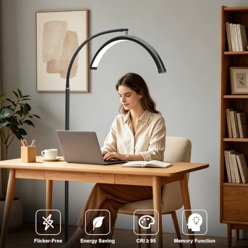 Black Half Moon LED Floor Lamp for Lash, Tattoo & Beauty Work - Shadow-Free, Dimmable, Remote Control
