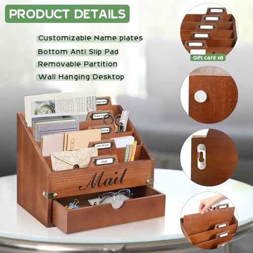 Wood Mail Organizer Countertop, Desktop Mail Organizer with 4 Compartments and Drawer, Mail Holder File Organizer Wall Mount, Desk Accessories & Workspace Organizers, File Paper Holder