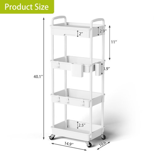 Sorgion 4 Tier Rolling Cart Organizer,Art Craft Diaper Bedside Snack Laundry Room Bathroom Organizer Narrow Thin Slim Rolling Trolley Utility Cart with Wheels for Kitchen,Office(White)