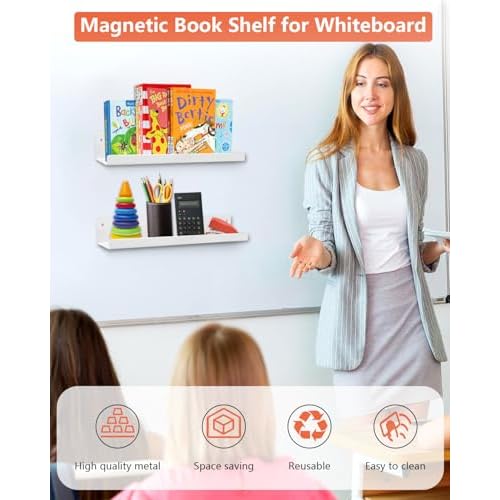 2-Pack Magnetic Book Shelf for Whiteboard - 17 Inch Reusable Metal Magnetic Shelves, Holds 12.5 lbs, Magnetic Book Display for Classrooms, Offices, Kitchens, Kids' Rooms - White