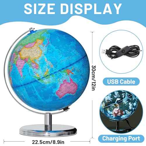 9" Illuminated Globes, 88 Constellations Map & Built-in LED Light & Learning 3-in-1, USB Charging, None-Slip Stainless Steel Stand for Classroom Education & Bedroom Decor, Inspire Geography Interest