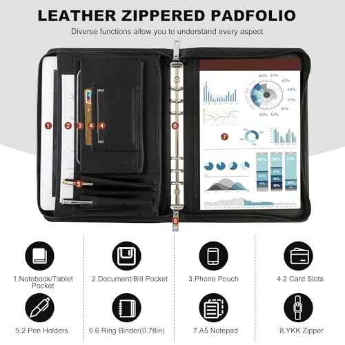 KISSKI Small A5 Planner Binder Portfolio for Men, 6 Ring Leather Zippered Padfolio Organizer with 1pc Notepad, Resume Document Folders for 5.5 x 8.5 Notepad, Tablet for iPad mini/iPad Air 2, Black