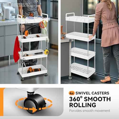 Auto Dynasty 4 Tier Slim Rolling Cart with Handle, Multifunction Utility Storage Rolling Cart, Movable Storage Organizer with Wheels for Office, Bathroom, Kitchen, Narrow Places (White-Big Size)