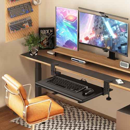 YOMT Adjustable Keyboard Tray Under Desk, Small Pull-Out Computer Keyboard Drawer with C-Clamp, 20¡± (24.2¡± Including Clamps) x 13¡± Slide-Out Platform Computer Drawer for Typing, Black
