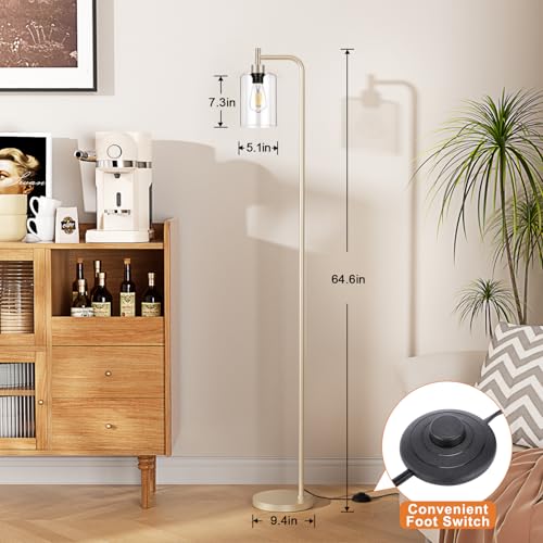 Floor Lamps for Living Room - Industrial Standing Lamp with Glass Shade, Modern Gold Floor Lamp with LED Bulb, Tall Lamp for Bedroom Office - Light Gold
