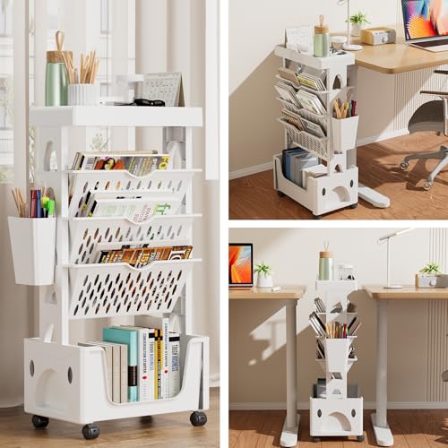 5-Tier Rolling Book Cart with Lockable Casters – Multi-Functional Mobile Bookcase (White)
