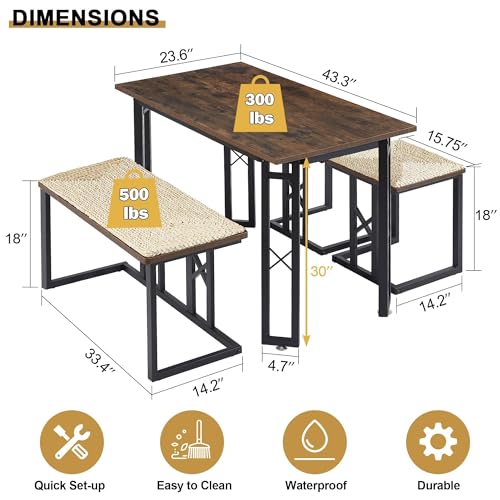 VECELO 43.3" Dining Table Sets, Farmhouse Kitchen Table for 4 with 3 Seats & Wicker Seat Cushions,Metal Frame Space-Saving Adjustable Feets Coffee Table for Home Kitchen Dining, Dark Brown
