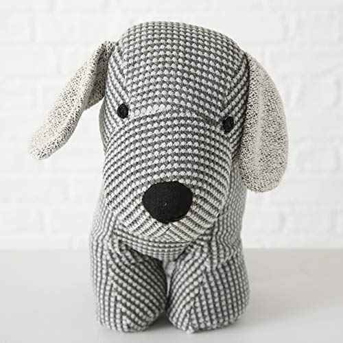 Weighted Puppy Dog Door Stopper, Floppy Ears, Grey, White, Black, Chenille and Tweed Fabric, Polyester Exterior, Polyester and Sand Filling, 9 Inches Tall, 2.2