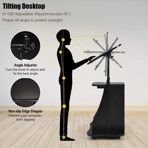 Mobile Laptop Desk, Height Adjustable Podium Stand w/ 4 Wheels & Tiltable Desktop, Rolling Lectern Cart Laptop Desk with Storage Shelves for School, Office, Home, Black