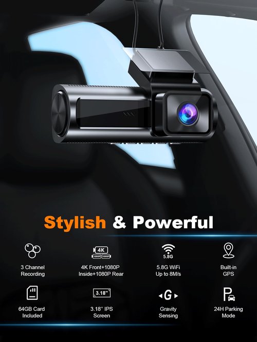 Nanoby 4K 3 Channel Dash Cam Front and Rear Inside, Built-in 5.8GHz WiFi GPS, 64GB Card Included, 4K+1080P+1080P Dash Camera for Cars, 3.18'' IPS Screen Dashcam with G-Sensor, 24H Parking Monitor