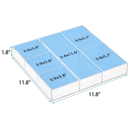 HIIMIEI Acrylic Drawer Organizer, 6 Section Clear Makeup Tray Organizer for Drawer Office Bedroom(11.8x11.8 inch)