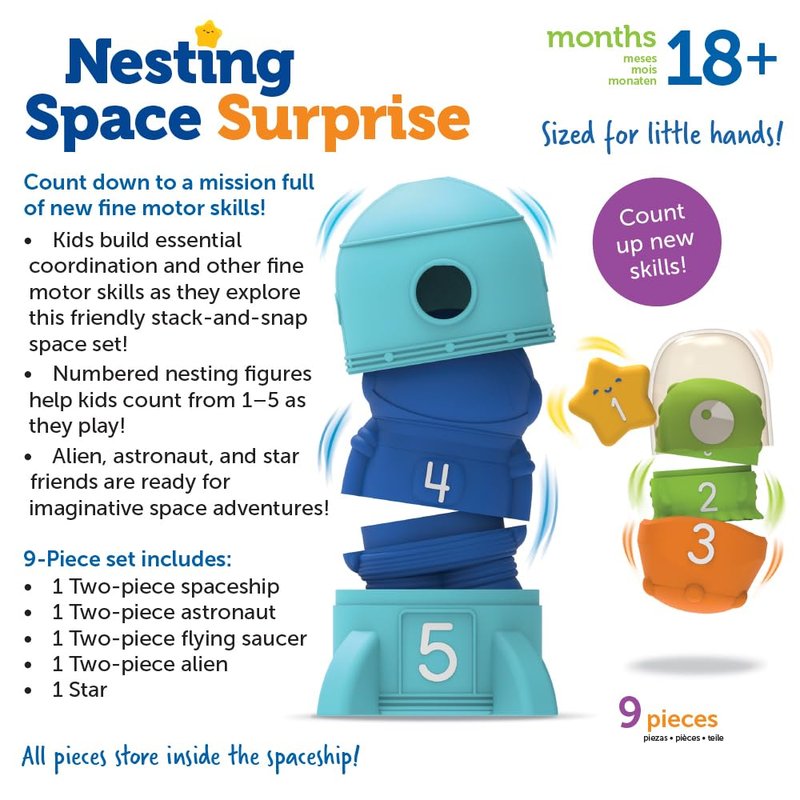 Learning Resources Nesting Space Surprise, Preschool Learning Activities, Fine Motor Skills, Montessori Preschool Toys, Space Toys, Ages 18 Months+, 9 Pieces