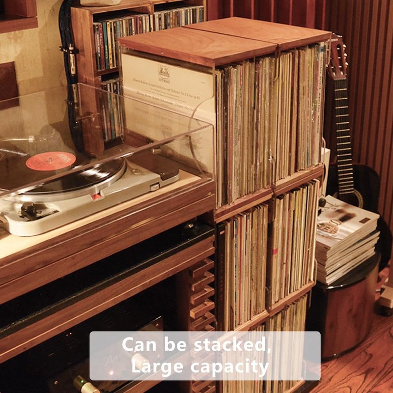 Vinyl Record Storage Holder,Stacks up to 30 Albums, Solid Wood & Clear Acrylic,Canbe stack,Premium Display, Simple and Contemporary Concept Design for 12” Records LP, DVDs, or CDs (black walnut, 3)