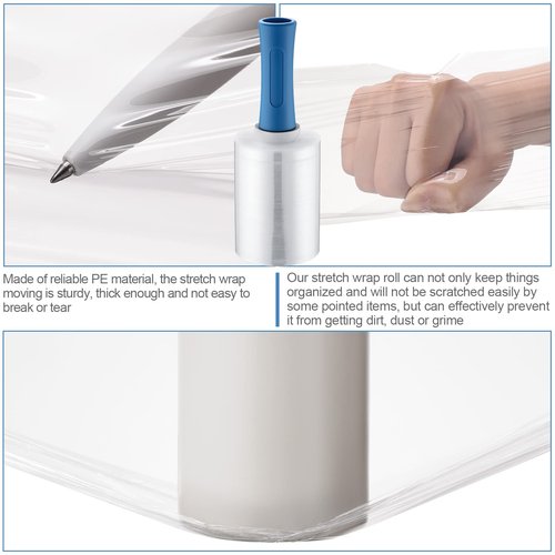 Jutom 16 Pcs Stretch Wrap Roll Plastic Wrap for Moving with 2 Handles 5" x 1000 ft Packaging Shrink Film Self Adhering Shipping Supplies for Moving Furniture Pallet(Clear, Blue)