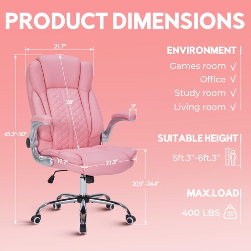 400lbs Executive Office Chair with Flip-Up Armrests, Big and Tall Computer Chair for Heavy People, Heavy Duty Ergonomic Comfy Chair, Breathable PU Leather (Pink)