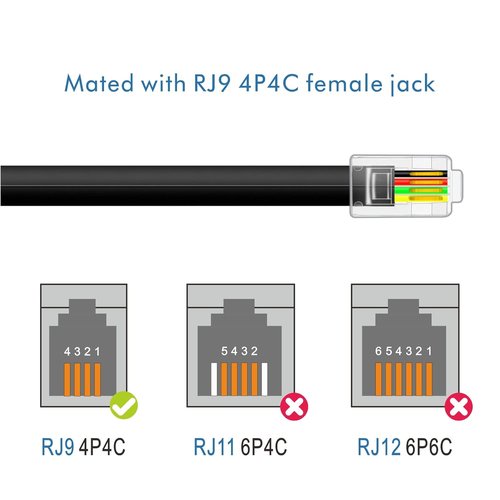 NECABLES RJ9 Telephone Cable - 10ft Male to Male Cord for Data & Voice Use | Black 4P4C