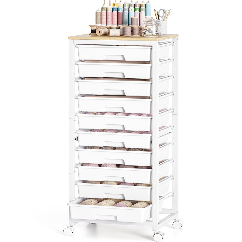 SYKIARIOL Rolling Cart with Drawers,10 Drawer Rolling Cart,Rolling storage cart with drawers,White Rolling Drawer Cart,Teacher Rolling Cart for Classroom Storage,Craft Cart with Wooden Tabletop