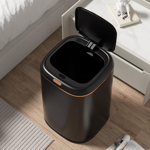 Sooyee 40L Automatic Trash Can with Lid,10.5 Gallon Bathroom Trash Can Smart Motion Sensor for Bedroom, Bathroom, Kitchen, Office,Black+Gold Border Trash Bin,3 Opening Modes
