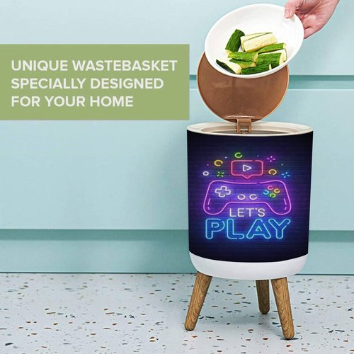 Small Trash Can with Lid Lets Play neon sign bright signboard light banner Game neon emblem Garbage Bin Round Waste Bin Press Cover Dog Proof Wastebasket for Kitchen Bathroom Living Room 1.8 Gallon