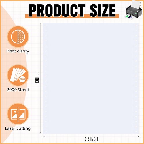 Affrolling Blank 9.5x11 Inches Continuous Feed Computer Paper Fanfold for Printers Perforated Edge 1-part, 2000 Sheets Perfect for Receipts, Invoices, Bill List, 92 Bright, 20 lb