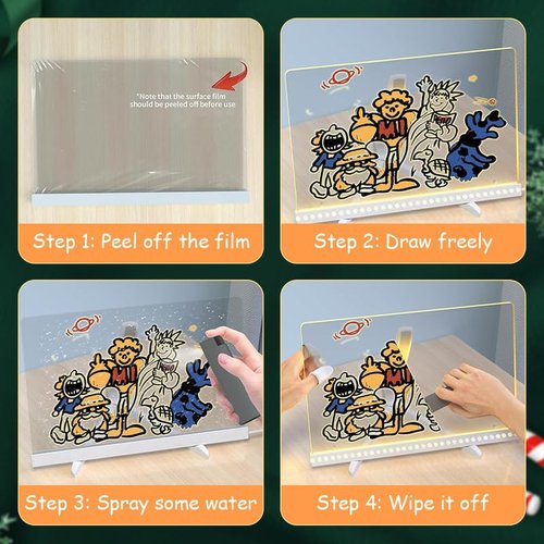 LED Note Board with Colors, Light Up Acrylic Message Board, Led Drawing Board, Illuminated Acrylic Notepad with Adjustable Stand and 7 Pens (5.9" × 5.9")