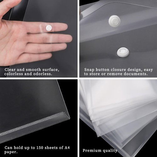 EOOUT 50pcs Plastic Envelopes with Button Snap Closure, Clear Poly Folders for Documents, Waterproof Plastic File Folder, Letter Size, A4 Size, for School and Office Supplies