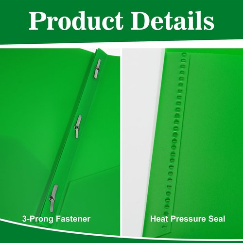 EEHZTSI 12-Pack Plastic Folders with Pockets and Prongs,2-Pocket Folders with 3 Fasteners, Poly Folders Holds 8-1/2" x 11" Paper for School/Office/Home, Green
