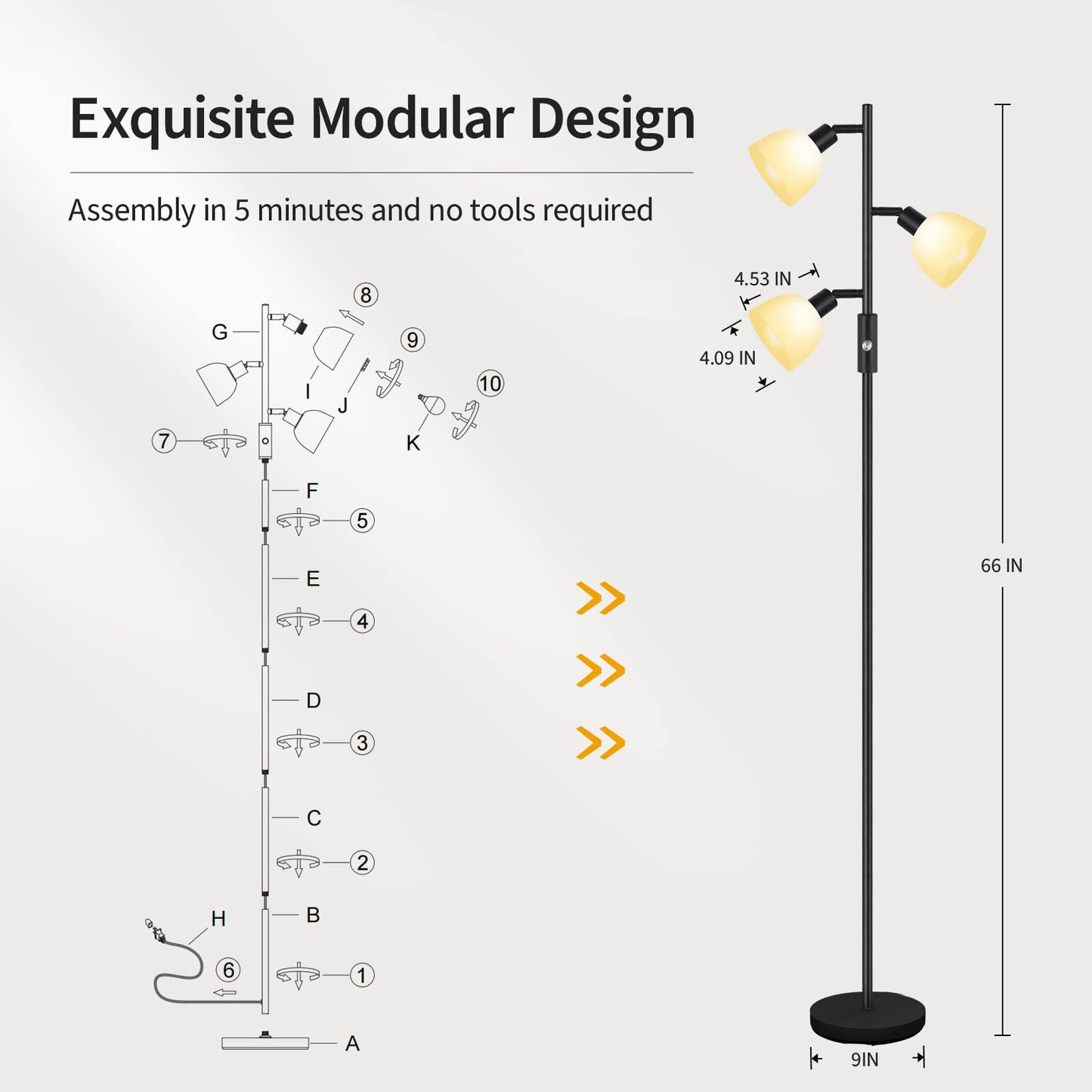 BoostArea Floor Lamp, Standing Lamp, Torchiere Floor Lamp with 3 Adjustable Rotating Lights, 3 Way Switch, 3PCs E12 4W LED Bulb Included, Metal Pole Lamps for Living Room, Bedroom, Home, Office