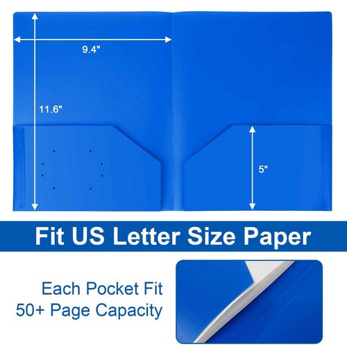 EEHZTSI 60-Pack Plastic Folders with Pockets,2-Pocket Poly Folders Holds 8-1/2" x 11" Paper for School/Office/Home, Blue