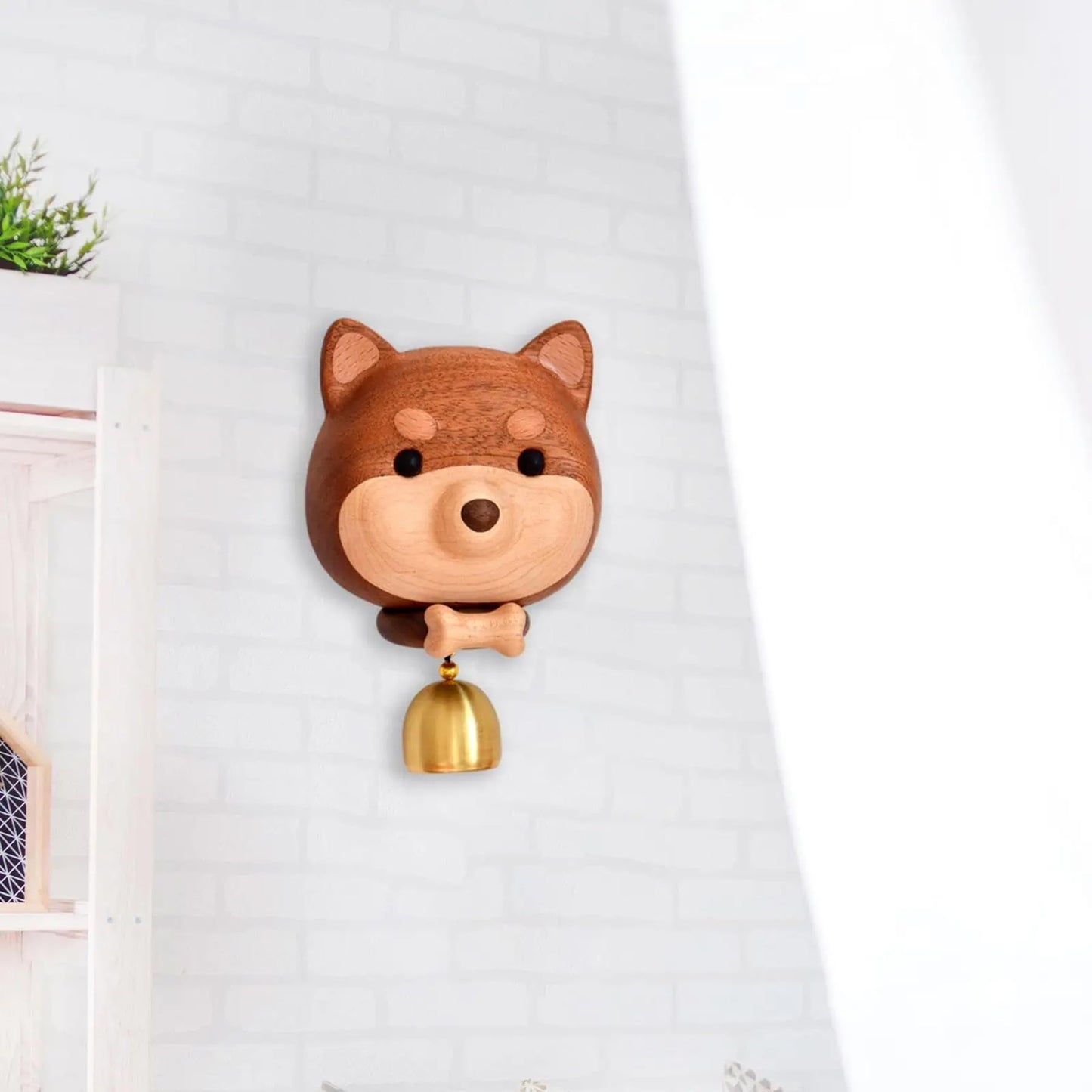 NADEnVIE Shiba Dog Shape Wooden Door Bell - Black Walnut Cartoon Doorbell - Dopamine Wind Chime Suction Ornament - WoodyBeing Shopkeepers Bell for Door Opening