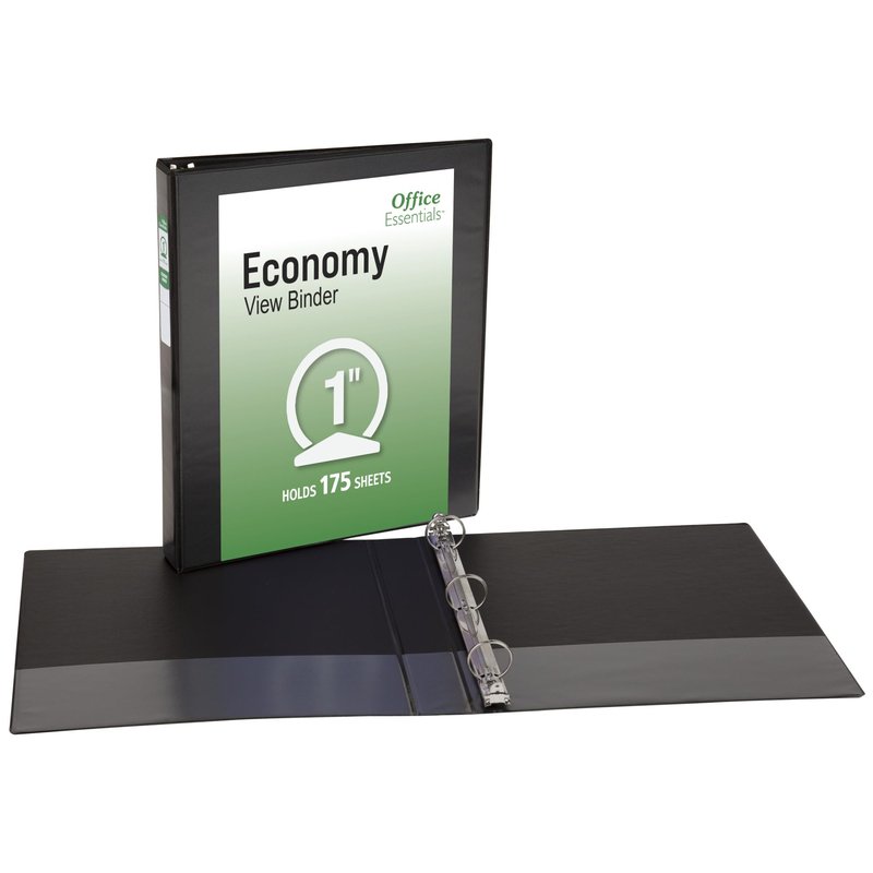 Office Essentials Economy View 3 Ring Binders, 1" Round Rings, 1.4" Spine, 175-Sheet Capacity, Black Binders (12-Pack of 03425)