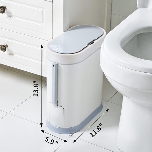 ELPHECO Bathroom Trash Can with Toilet Brush 2.5 Gallon Waterproof Trash Bin Smart Garbage can with lid Motion Sensor Waste Bin Automatic Bathroom Decor (White)