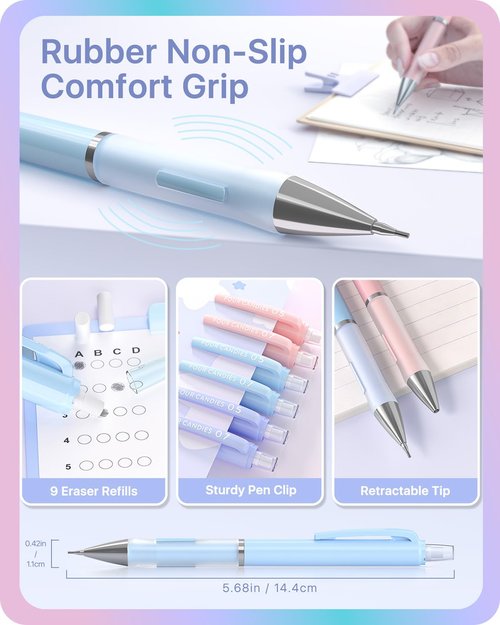 Four Candies Pastel Mechanical Pencil Set - 6PCS 0.5 mm & 0.7mm Pencils with 360PCS HB #2 Lead Refills, 3PCS Erasers and 9PCS Eraser Refills, Cute School Supplies Stuff for Student Writing Drawing