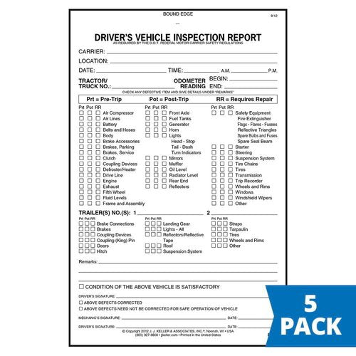 J. J. Keller Detailed Driver's Vehicle Inspection Report (Pre- & Post-Trip) Meets FMCSR Requirements, Book Format with 31 Sets, 2-Ply Carbonless, 5.5" x 8.5", 5 Pack