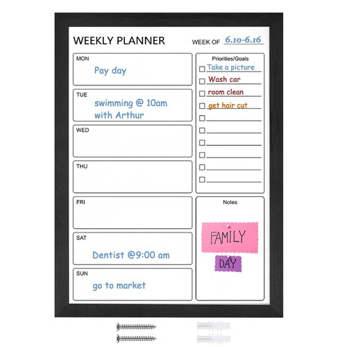 Dry Erase White Board Weekly Calendar Board, Magnetic Whiteboard for Wall,17.7“x23.6 Solid Wood Black Framed Message Board, Planner Board for Office, Home, School(Weekly-BB-BK-4560