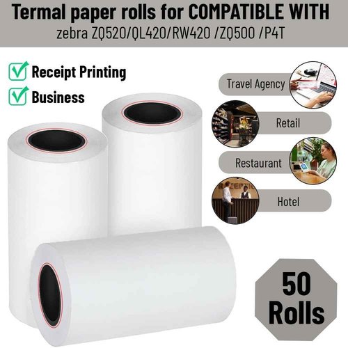 Thermal Printer Paper Rolls compatible with Zebra Printer ZQ520, QL420, RW420, ZQ500, P4T – 80 Feet Thermal Receipt Paper - 50 Rolls – NOT Label