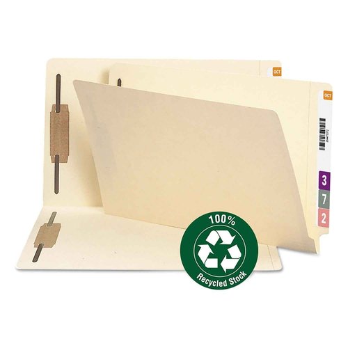 Smead 100% Recycled End Tab Fastener File Folder, Shelf-Master Reinforced Straight-Cut Tab, 2 Fasteners, Legal Size, Manila, 50 per Box (37160)