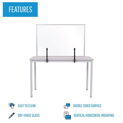 Mastervision Desktop Clamp On Clear Collaboration Panel & Divider, 24"x 36", Aluminum Framed Writable Glass Dry-Erase Surface, Collaborate to Display Notes and Ideas, Office & Home Use