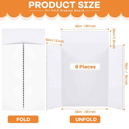 Henoyso 8 Pcs Trifold Display Board, 36" x 48" Portable Poster Board with 23.6 x 7.9 Inch Title, Lightweight Foldable Presentation Display for School Office Projects Exhibitions Workshops, White