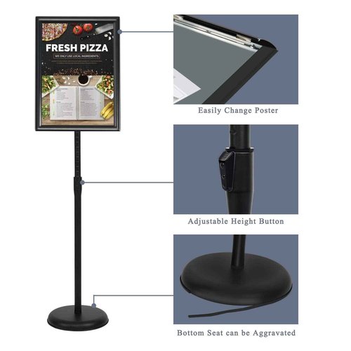 VAIIGO 11 x 17 Inch Adjustable Pedestal Sign Holder Poster Stand, Heavy Duty Floor Standing Sign Holder Stand Aluminum Snap Open Display Frame for Vertical and Horizontal View Sign Displayed(Black)