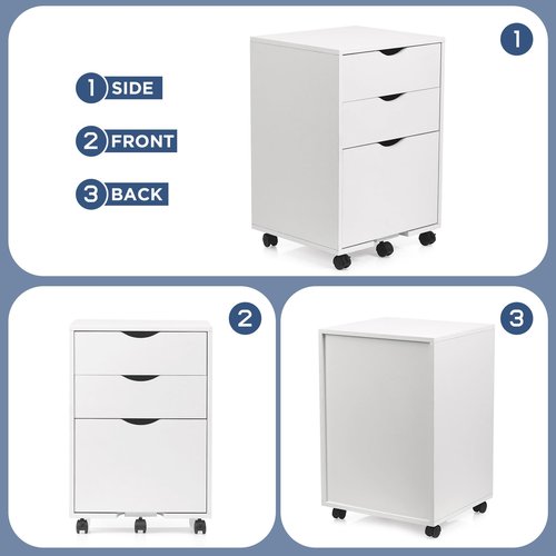 HollyHOME 3-Drawer Wood File Cabinet, Under Desk Cabinet for Home Office, Rolling Storage Shelf for Home, Printer Stand, for A4, Letter-Size, 11.8in Hanging File Folders, White