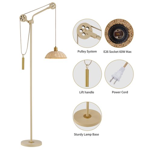 LeeZM Dimmable Rattan Floor Lamp for Living Room,Industrial Farmhouse Floor Lamps with Adjustable Rattan Shade,Modern Reading Pole Task Lamp,Arched Tall Standing Lamp for Bedroom Office,Beige
