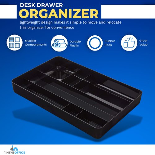 1InTheOffice Desk Drawer Tray Organizer, 7 Compartment Tray, Plastic Drawer Organizers, Black 14.13" L x 9.13" W x 2.04" H