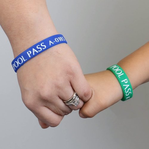 SmartSign (100-Pack) Adults Pool Pass Silicone Wristbands with Consecutive Numbering, Prefix A, 1/16 inch Silicone Bracelet Band, 8“ L x 0.5“ W x 0.06“, Blue and White