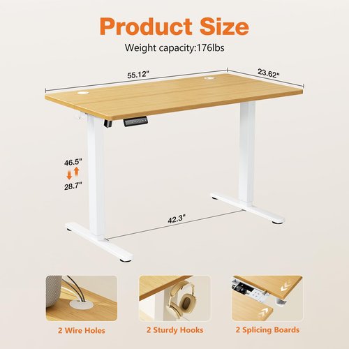 Sweetcrispy Electric Adjustable Height Standing Desk - 55 x 24 inch Sit to Stand Up Desk with Splice Board, Rising Home Office Computer Table with 2 Hook and Wire Hole for Work