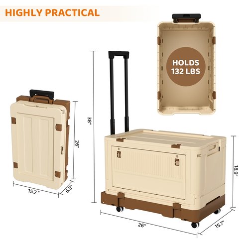 VOWNER Large Foldable Utility Cart, Portable Rolling Crate with 132 lbs Capacity, Handcart Shopping Trolley with Lid and 4 Rotate Wheels, for Grocery, Shopping, Office, Camp, Brown